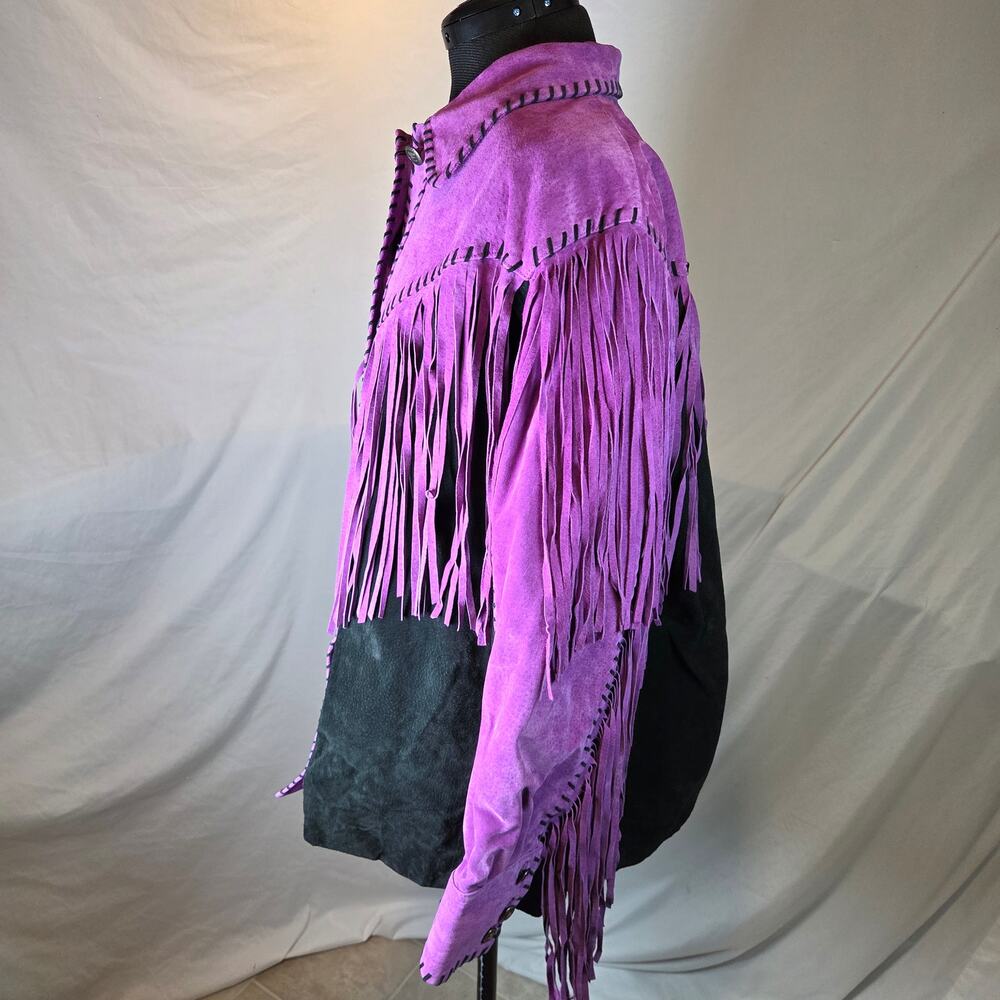 Bob Mackie Wearable Art 2X Leather Fringe Western Jacket Purple Black - Picture 6 of 16